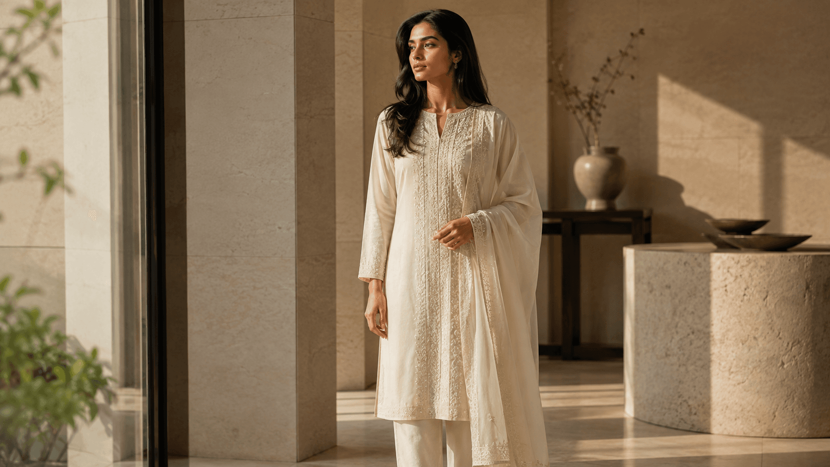 Ivory chikankari kurta with a sheer dupatta, photographed in a stone-walled interior