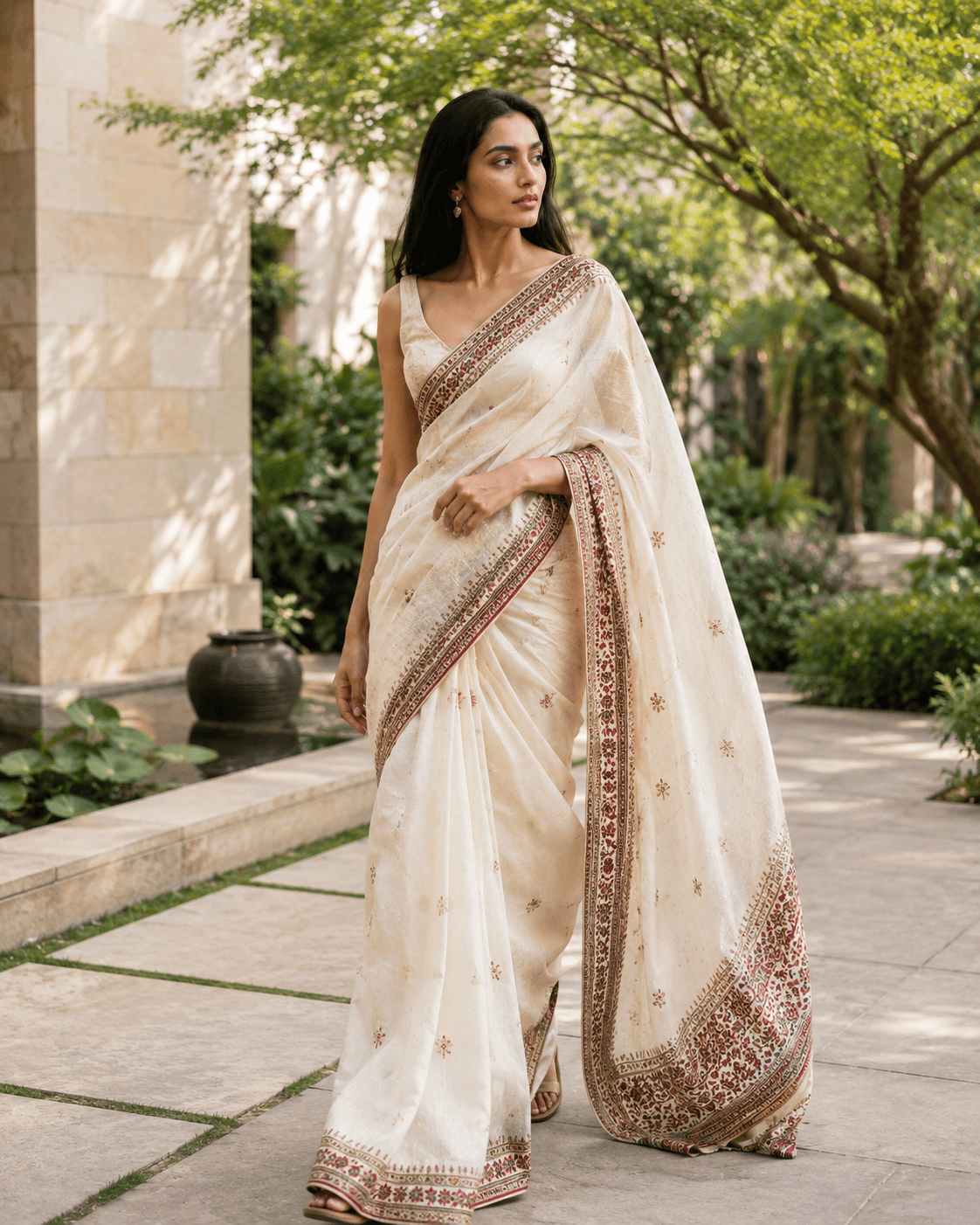 Ivory block-printed saree with a crimson border, photographed in a garden courtyard