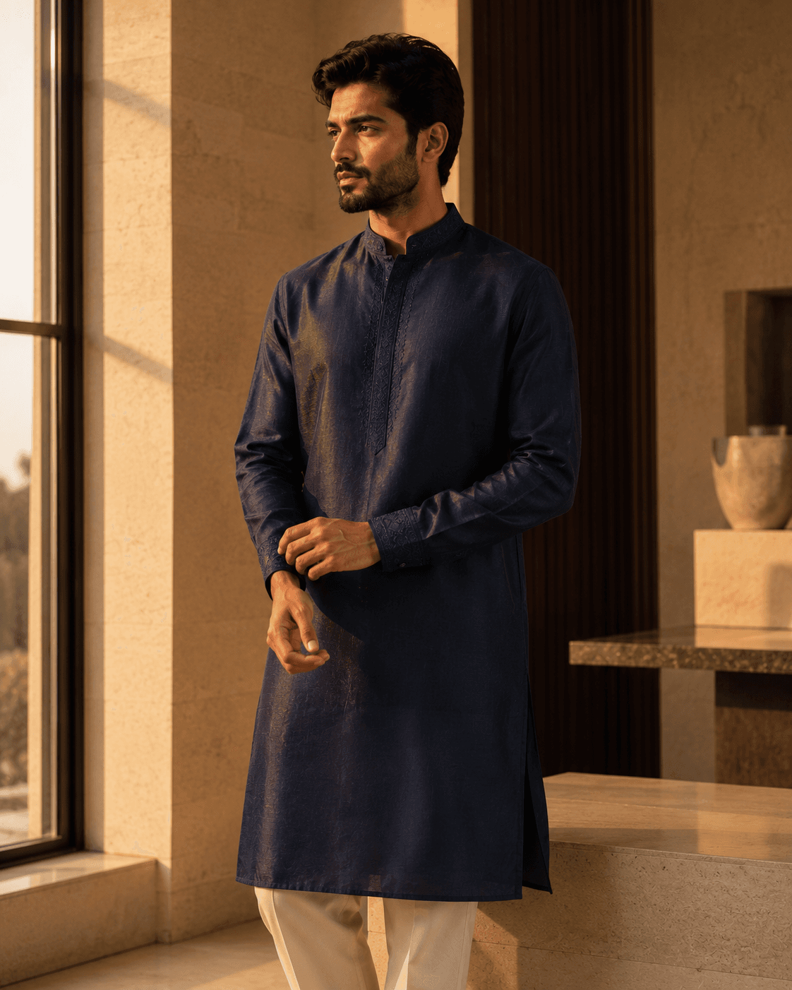 Navy silk kurta on a model beside a sunlit window